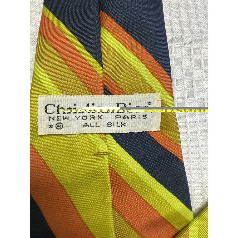 Vtg Christian Dior Mens Tie Blue Yellow Orange Diagonal Ugly 70s Bright Retro‎